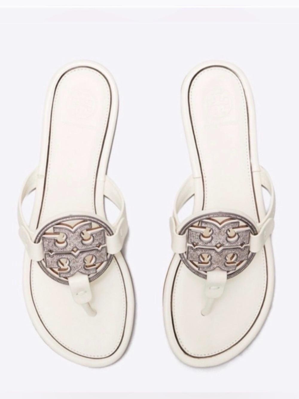 Tory Burch Bleach Ivory & Silver Metal Crystal Embellished Miller Sandals - Picture 13 of 13